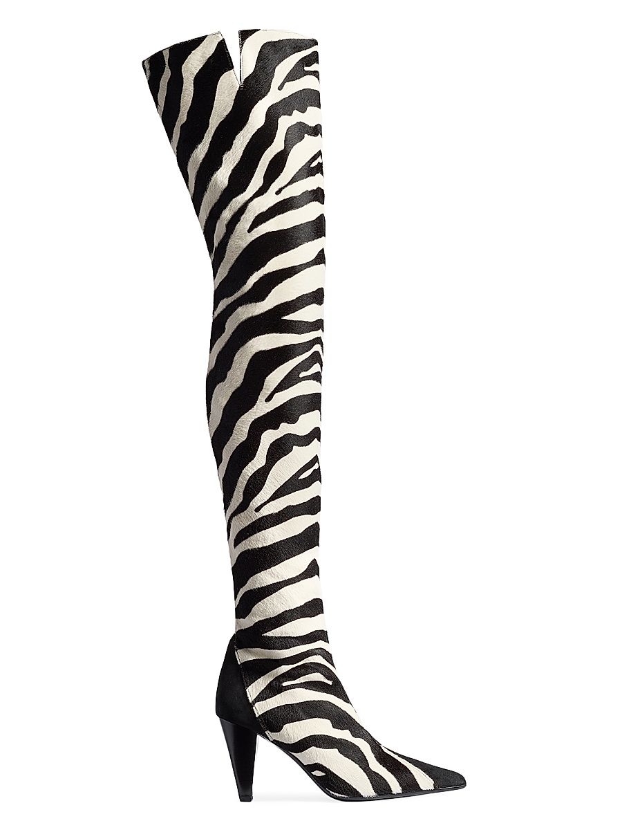 Women's Harvey 85MM Suede & Zebra-Printed Calf Hair Over-The-Knee Boots - Black White - Size 10