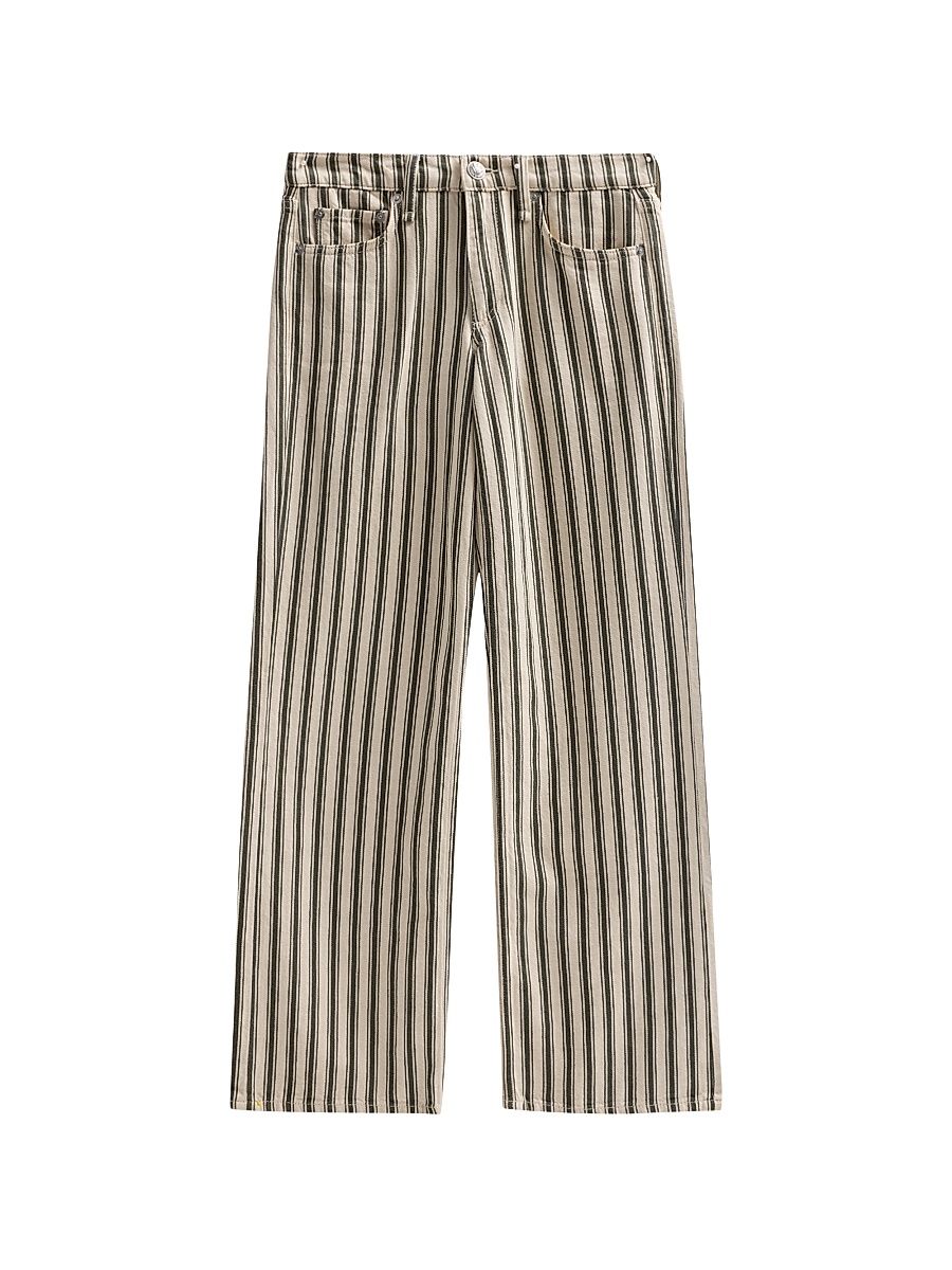 Women's Striped Cotton-Linen Straight-Leg Jeans - Forest Green Stripe - Size 29