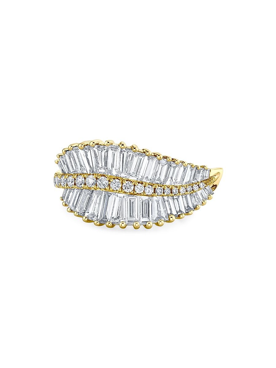 Women's Sideways Palm Leaf 18K Gold & Diamond Ring - Yellow Gold - Size 7