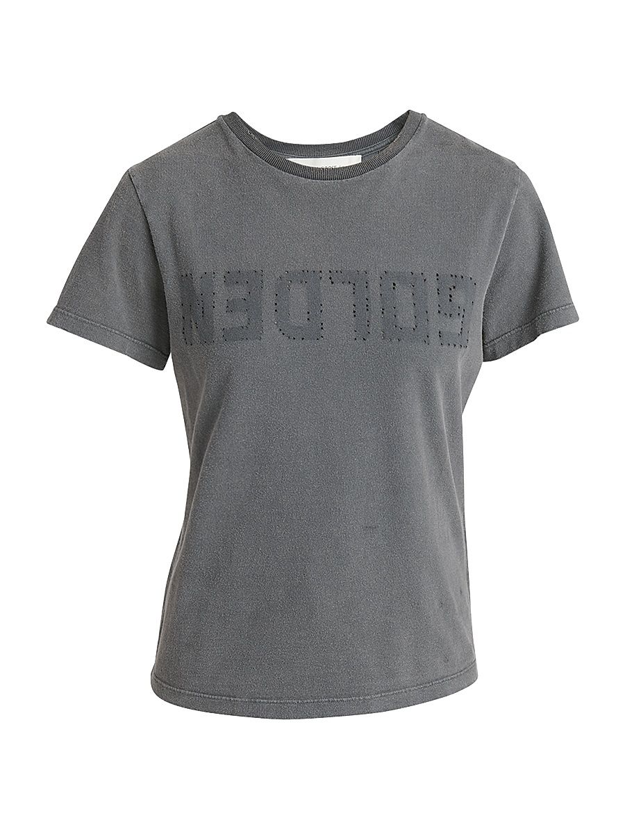 Women's Golden Distressed Crewneck Logo T-Shirt - Grey - Size XXS
