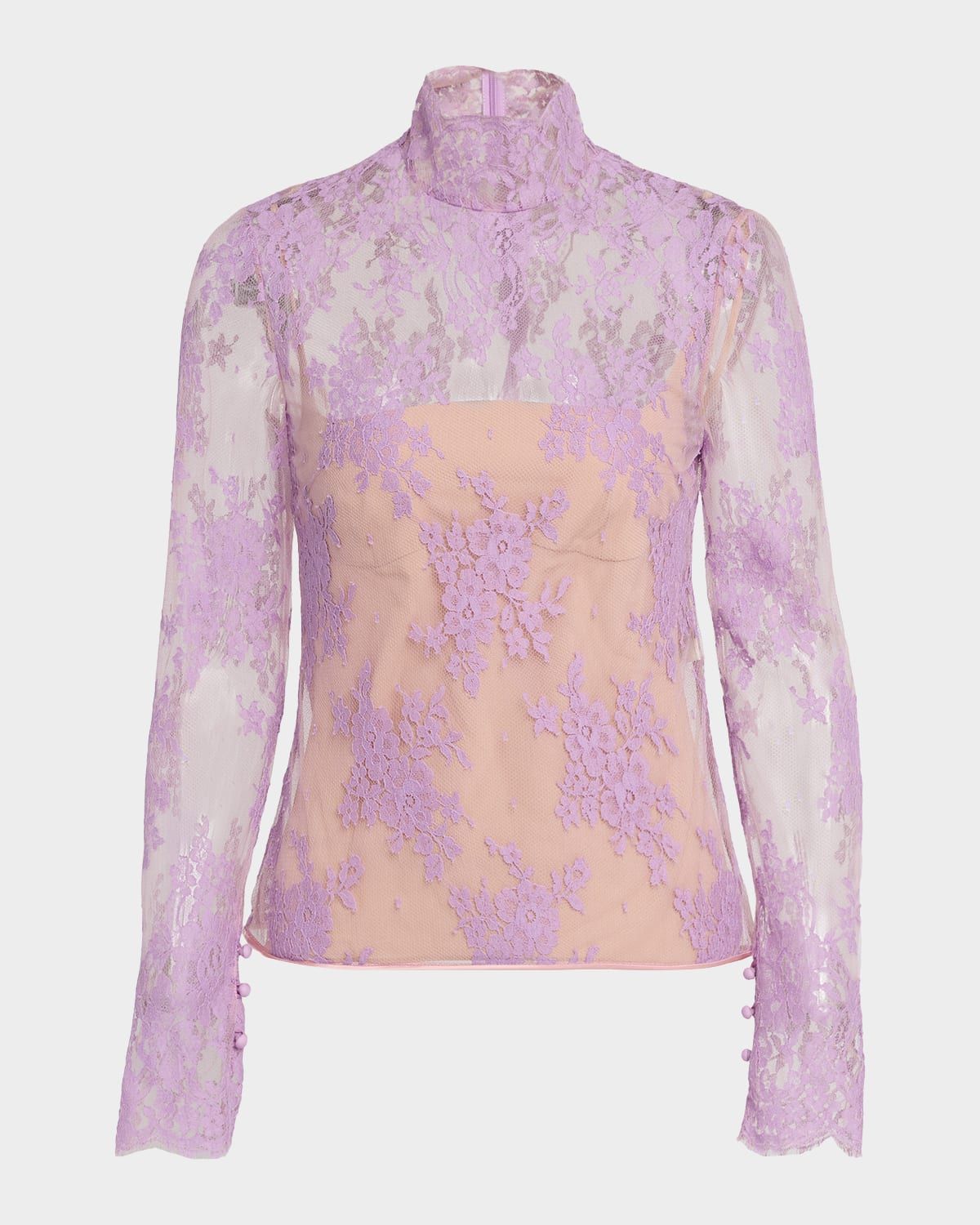 Mock-Neck Sheer Lace Long-Sleeve Top