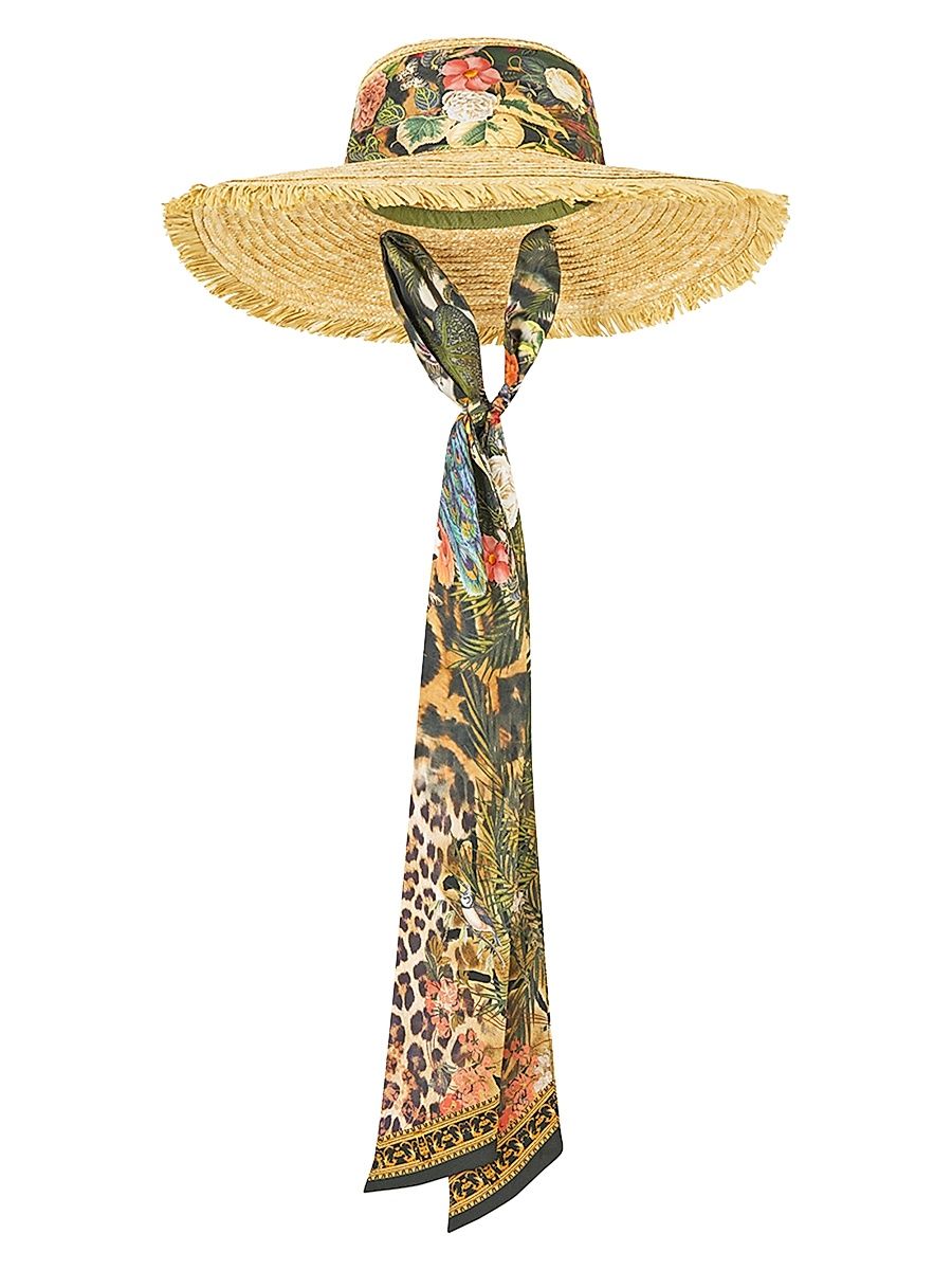 Women's Large Scarf-Trim Straw Sun Hat - Leotigra Land