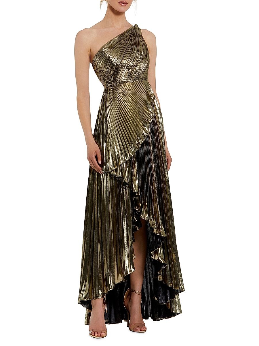Women's Metallic Pleated One-Shoulder Faux-Wrap Gown - Gold - Size 14
