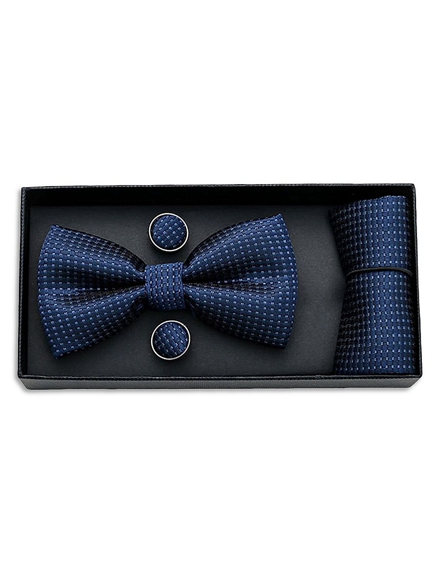 Patterned-Jacquard Bow Tie Set - Navy