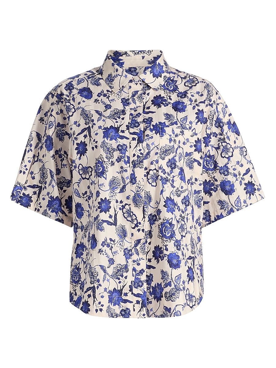 Women's Keaton Floral Cotton Top - French Blue Multi - Size 14