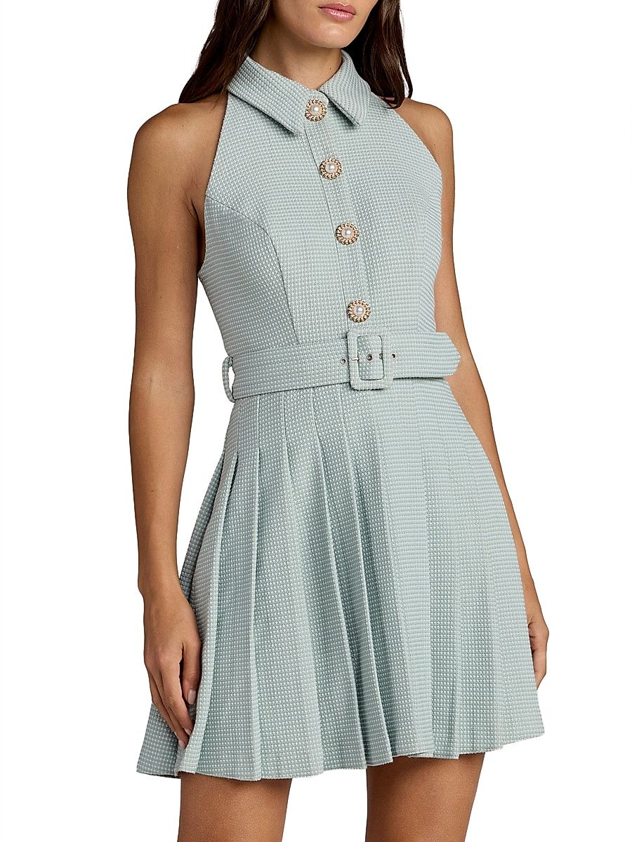 Women's Bouclé Pleated Button-Front Minidress - Sage - Size 12