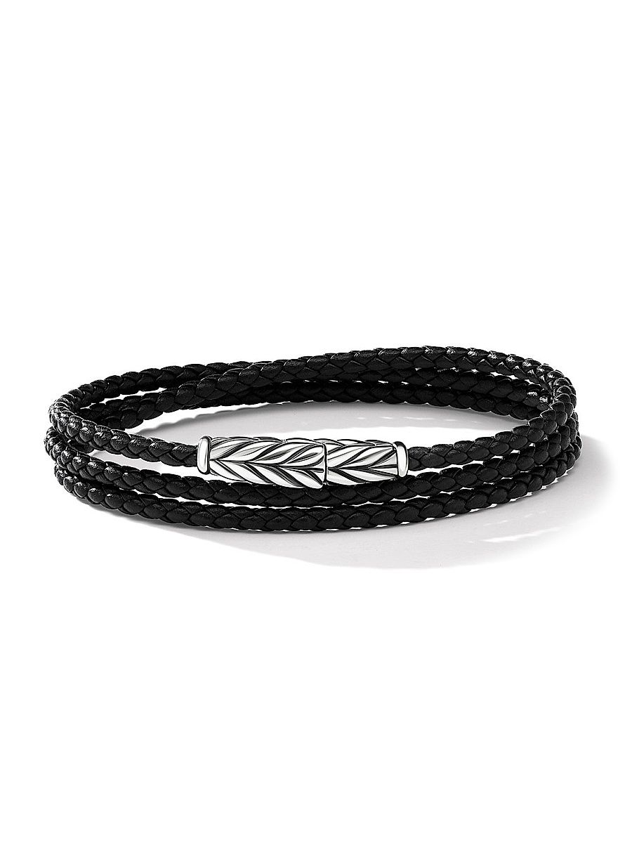 Men's Chevron Triple Wrap Black Leather Bracelet - Black - Size XS