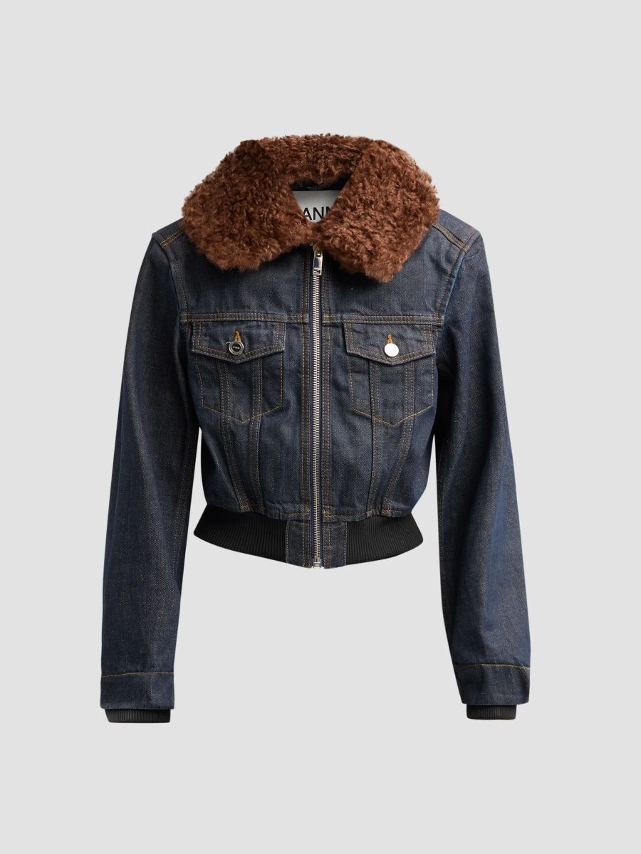 Ganni Women's Slub Denim Cropped Bomber Jacket - Rinse - Size 10