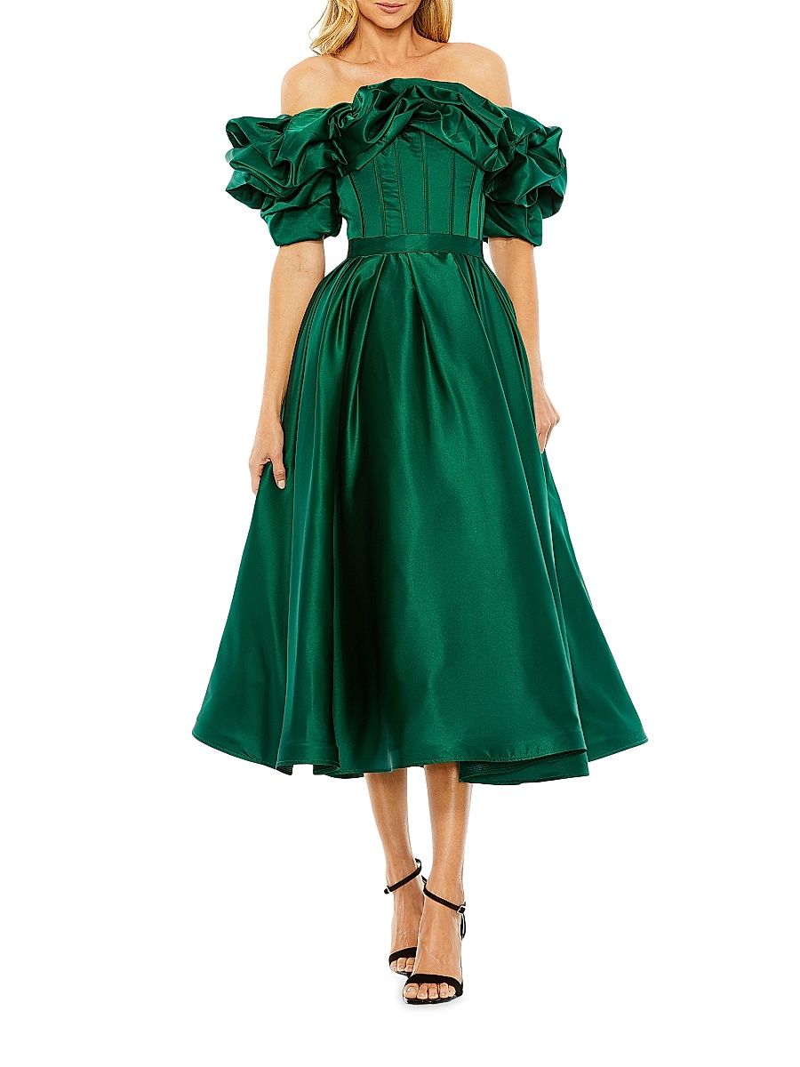 Women's Satin Off-the-Shoulder Midi-Dress - Emerald - Size 16
