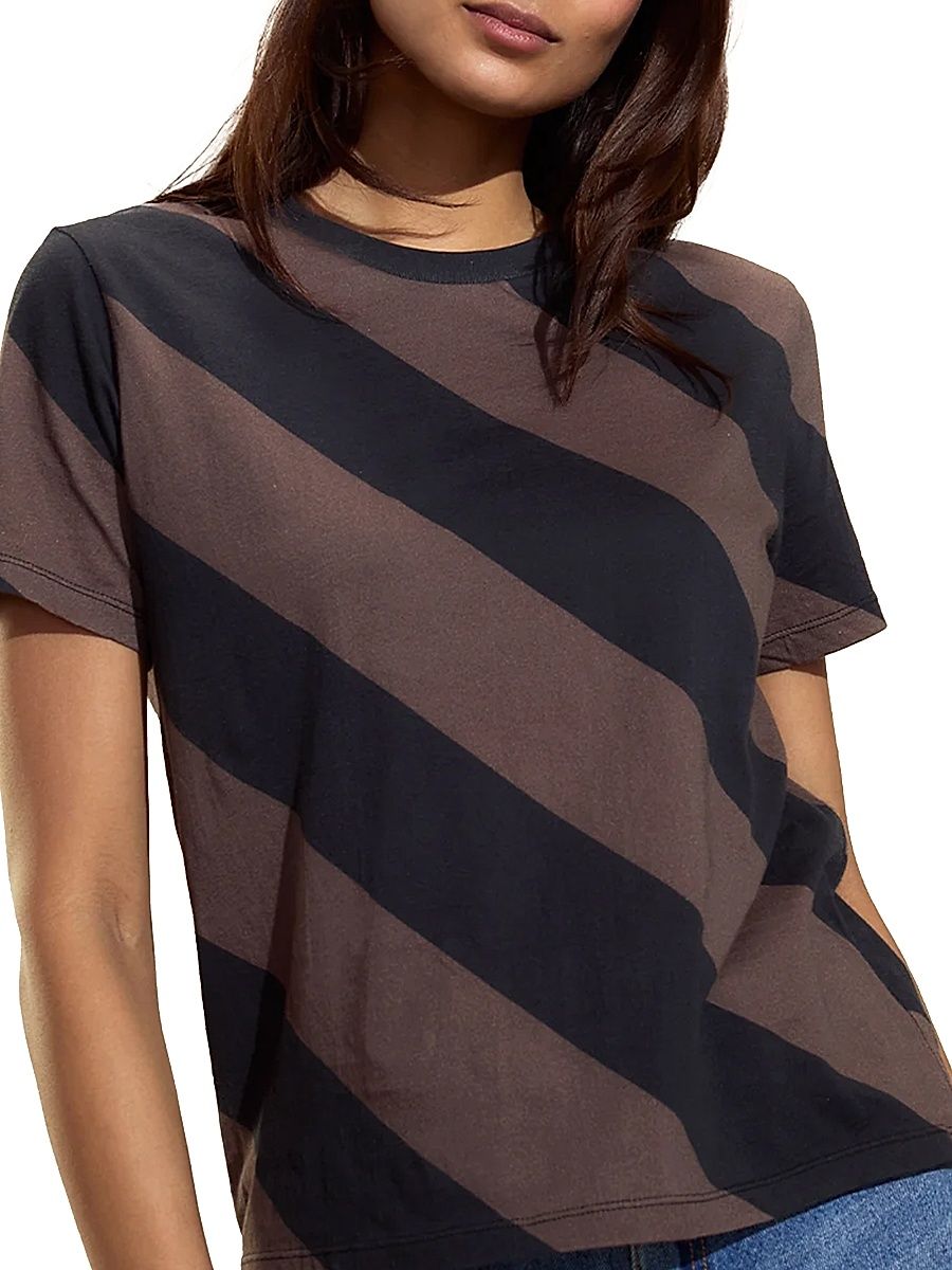 Women's Diagonal Striped Cotton T-Shirt - Black Brown - Size Medium