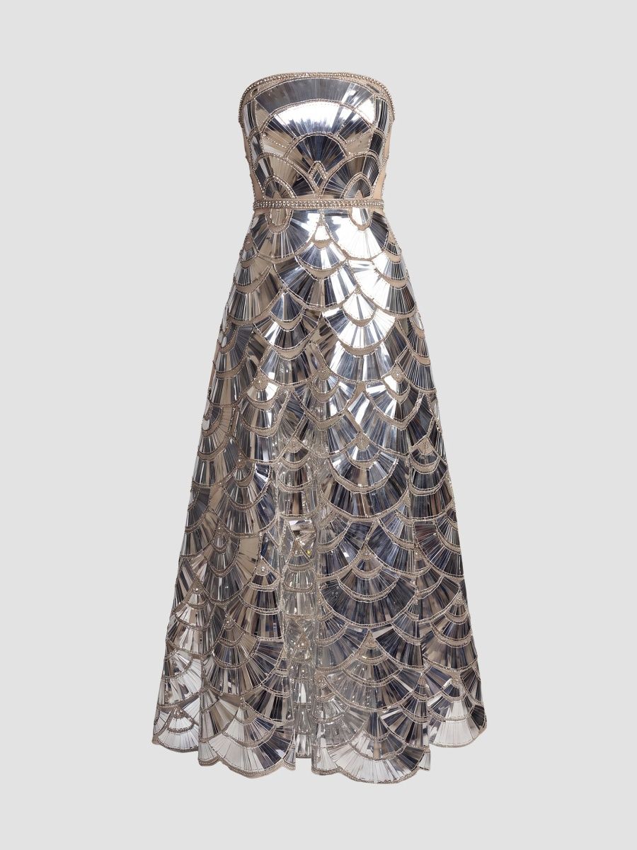 Mac Duggal Women's Strapless Scallop Beaded Rhinestone Ballgown - Silver - Size 16