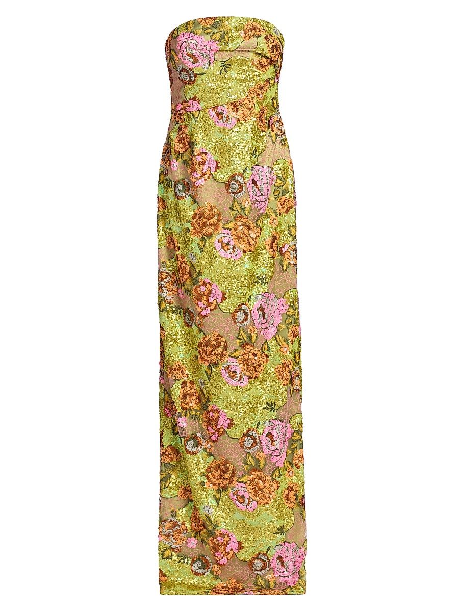 Women's Embellished Floral Strapless Column Gown - Chartreuse Pink - Size 12