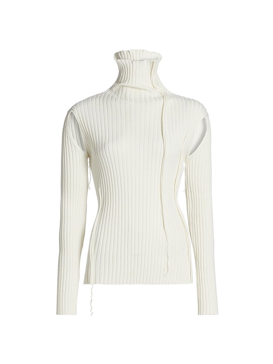 Women's Rib-Knit Cut-Out Turtleneck Sweater - Off White - Size Medium