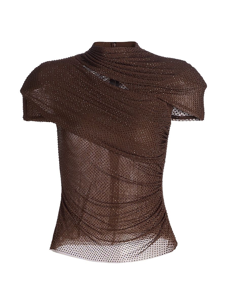 Women's Rhinestone Cutout Mesh Top - Brown - Size 12