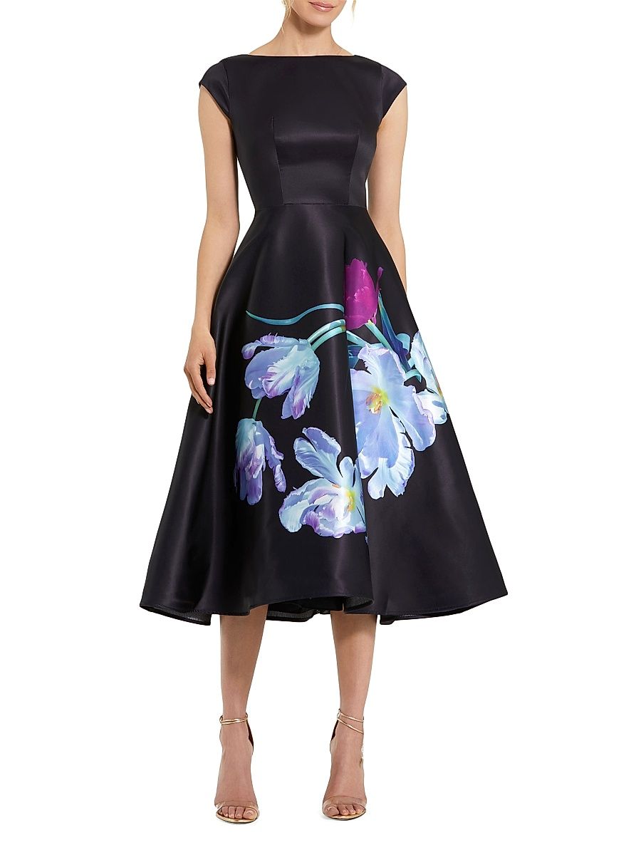 Women's Petite Floral Satin Fit & Flare Midi-Dress - Black Multi - Size Petite 16