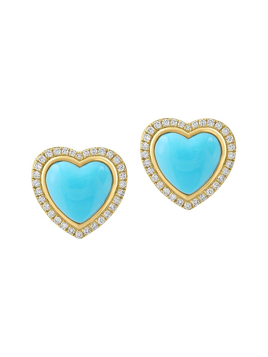 Women's 14K Yellow Gold, Turquoise & 0.24 TCW Diamond Heart Stud Earrings - Yellow Gold