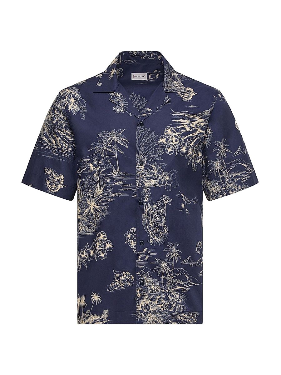 Men's Short-Sleeved Shirt in Cotton with Floral Print - Navy Blue - Size XXL