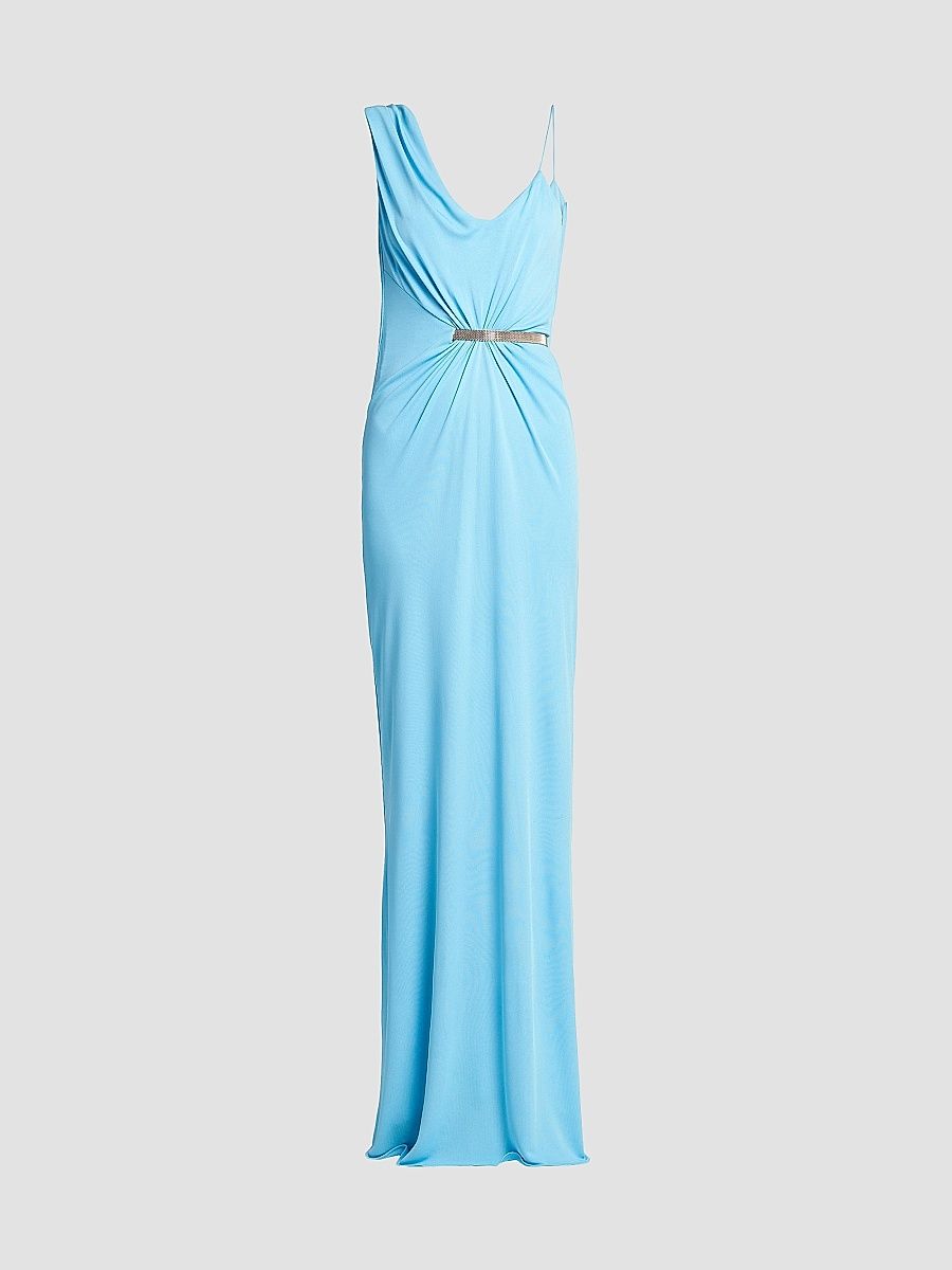 Women's Draped Hardware One-Shoulder Gown - Aqua Blue - Size 10