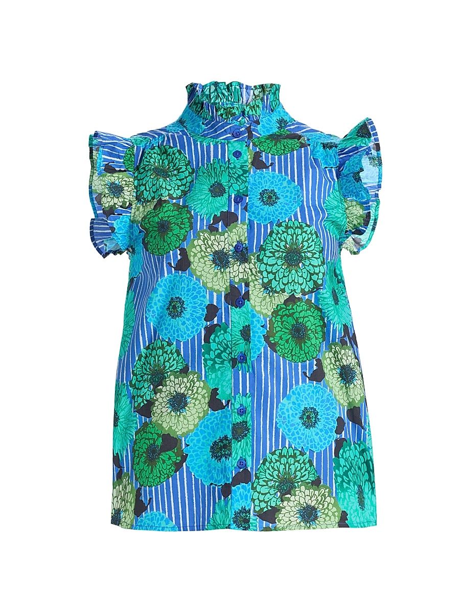 Women's Frida Floral Cotton Poplin Shirt - Blue Cala - Size XL