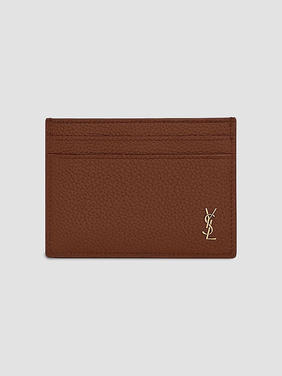 Saint Laurent Men's Tiny Cassandre Credit Card Case in Grained Leather - Toasted Brown