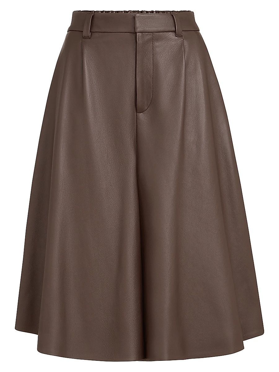 Women's Nappa Leather Wide Bermuda Shorts with Monili - Rust Brown - Size 4