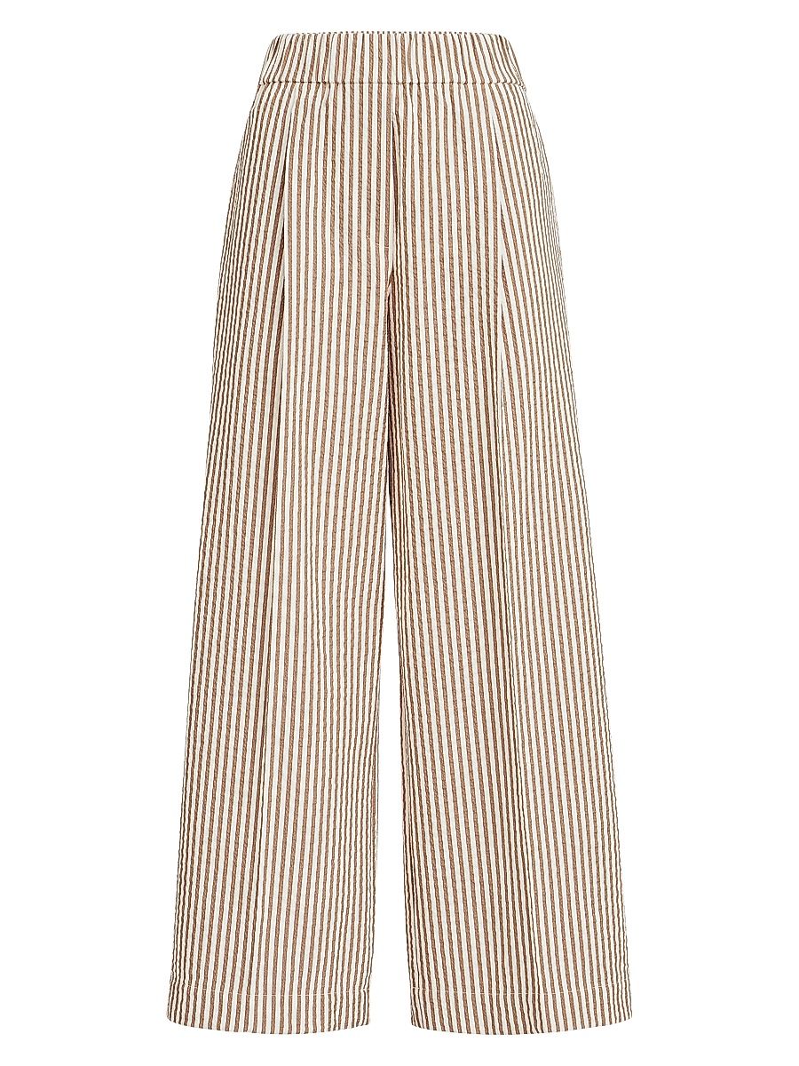 Women's Techno Cotton Striped Seersucker Baggy Track Trousers with Monili - Beige - Size 14