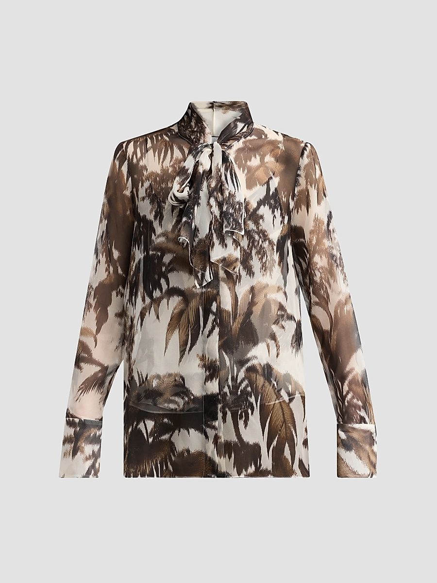 Women's Palm Leaves Silk Chiffon Blouse - Espresso Ivory - Size 14