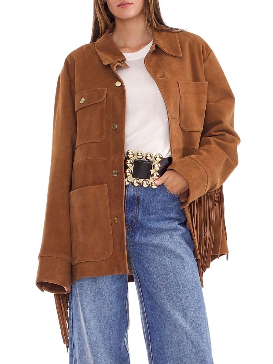 Women's Fringe Suede Button-Front Jacket - Brown - Size Large