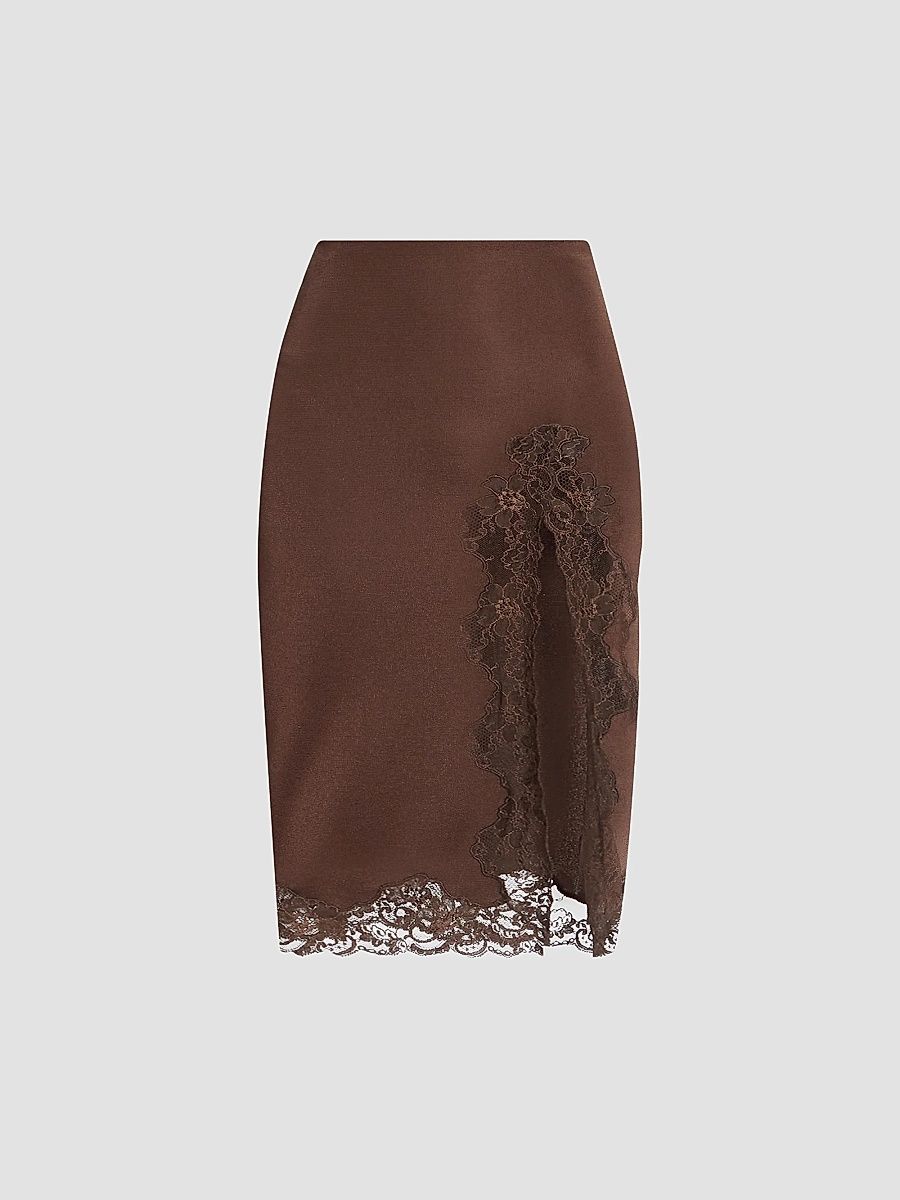 Balmain Women's Lace-Trimmed Midi Skirt - Brown - Size 14