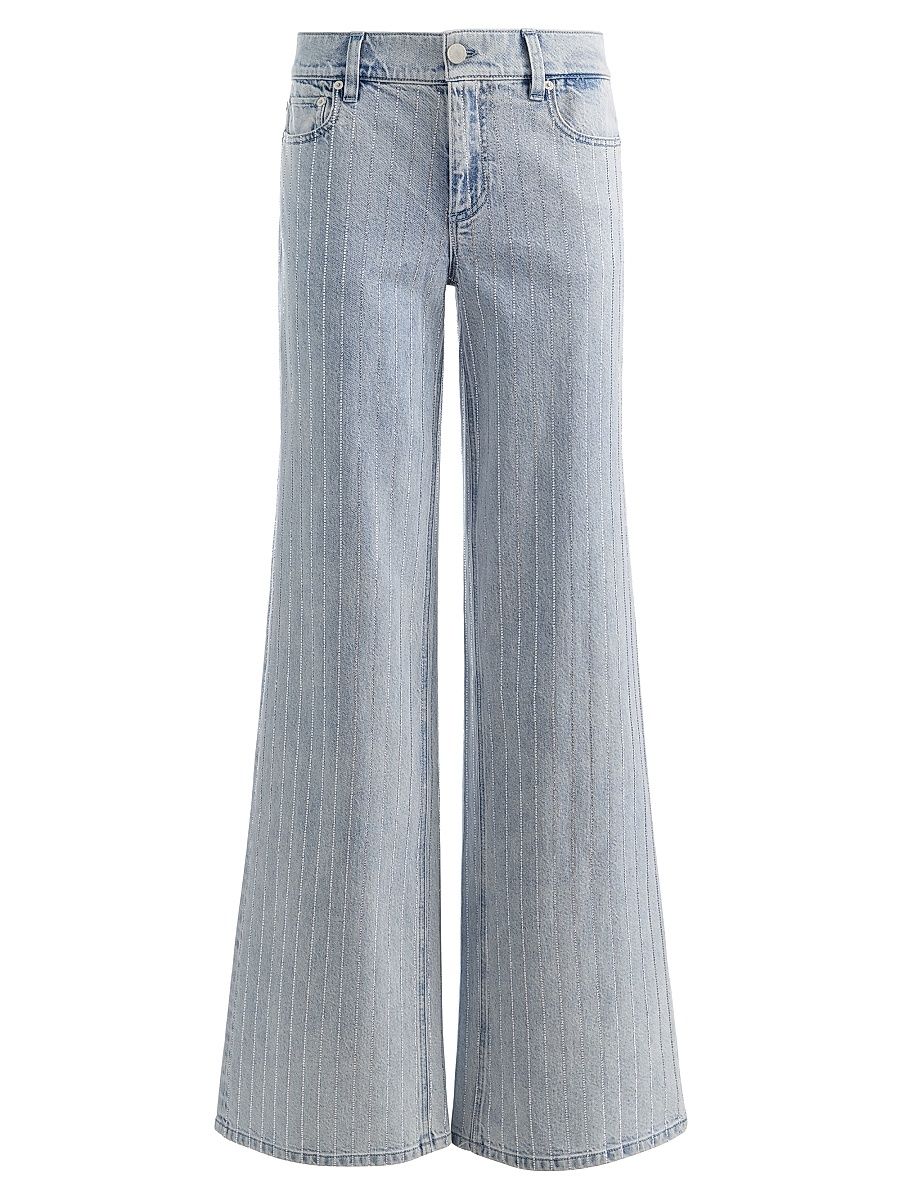 Women's Embellished Wide-Leg Jeans - Rockstar Blue Clear Crystal - Size 32
