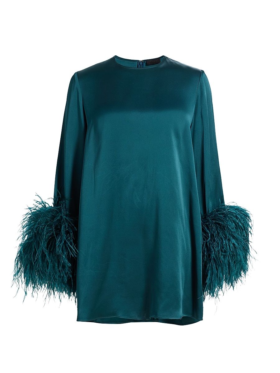 Women's Feather-Cuff Satin Shift Minidress - Teal - Size Large