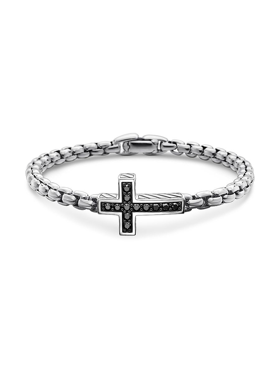 Men's Pavé Cross Bracelet with Black Diamonds - Black - Size XS