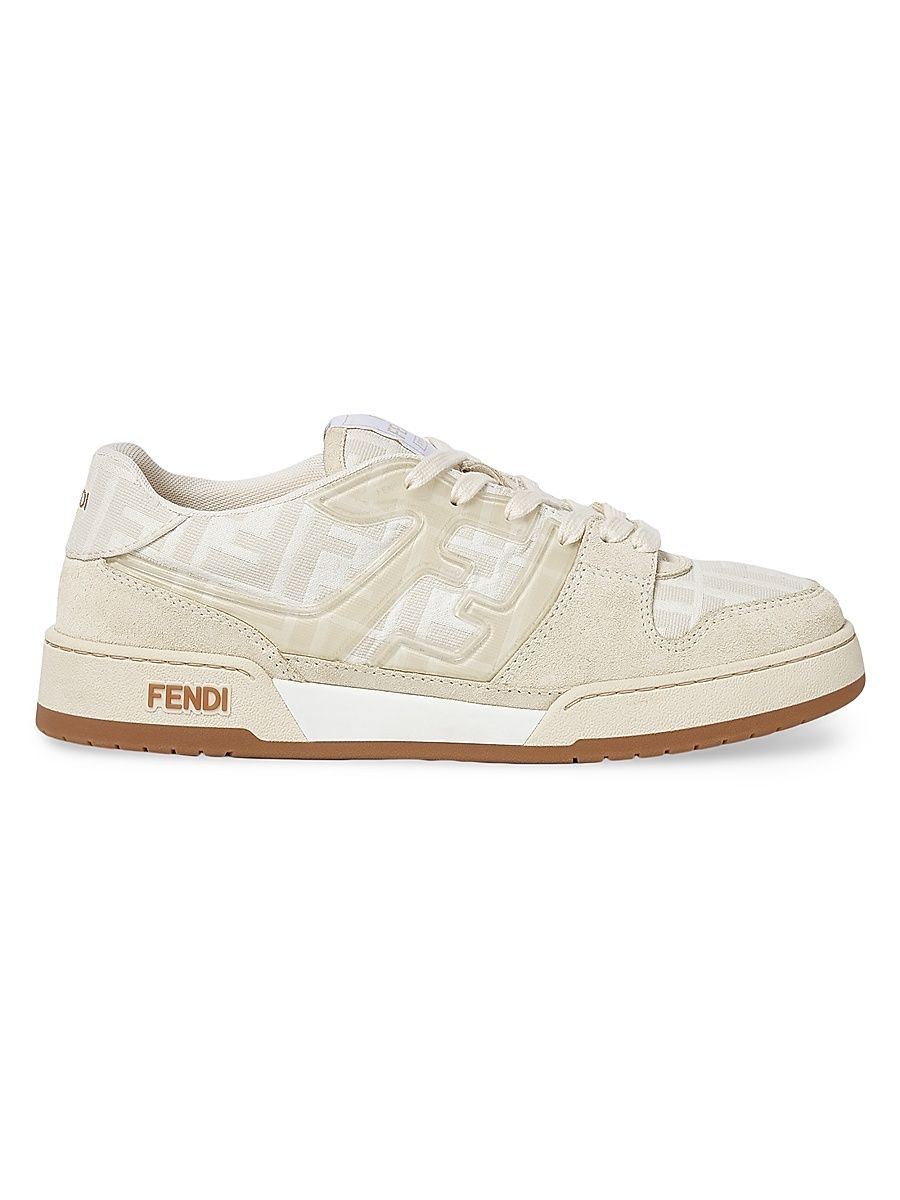 Men's Match FF Logo Print Suede & Canvas Sneakers - White - Size 9
