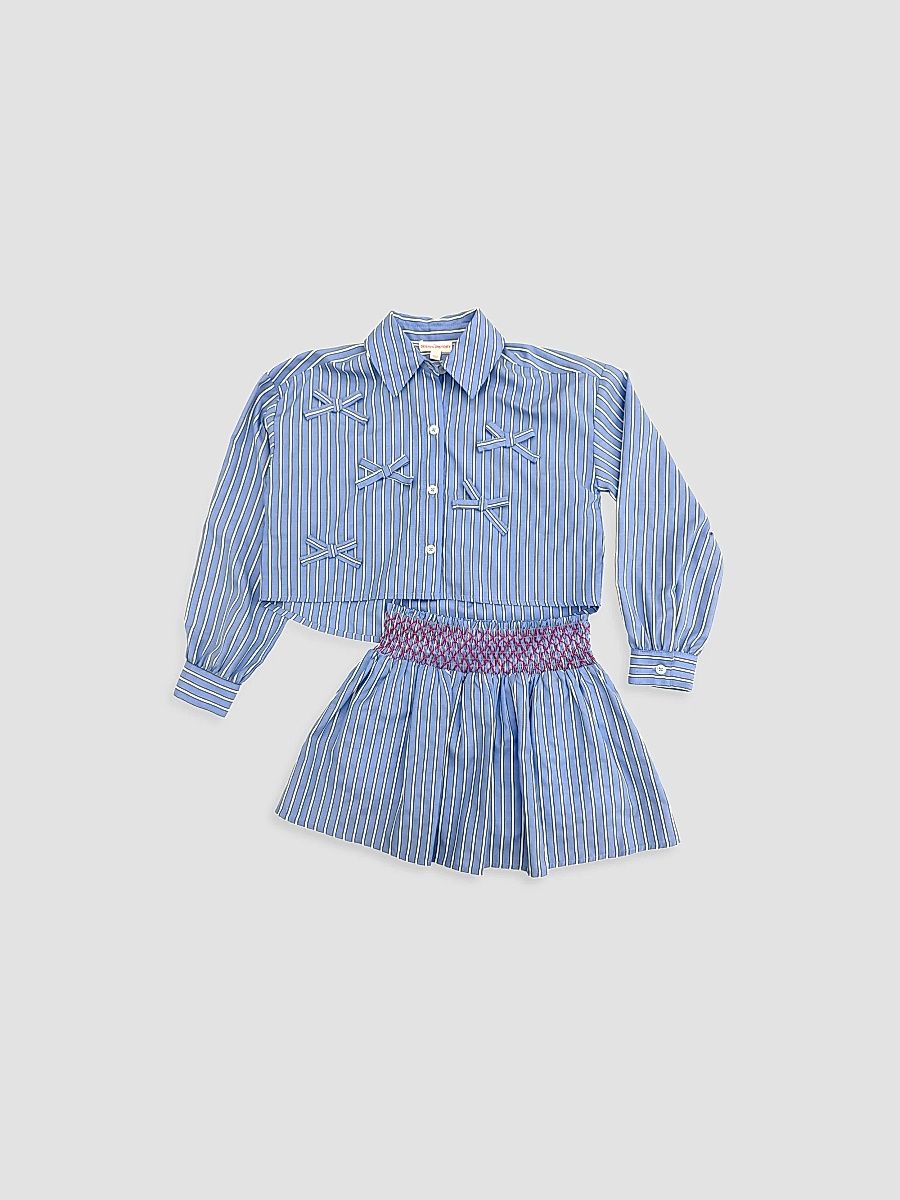Girl's Striped Bow-Accented Shirt & Smocked Skirt Set - Oxford Blue Combo - Size 14