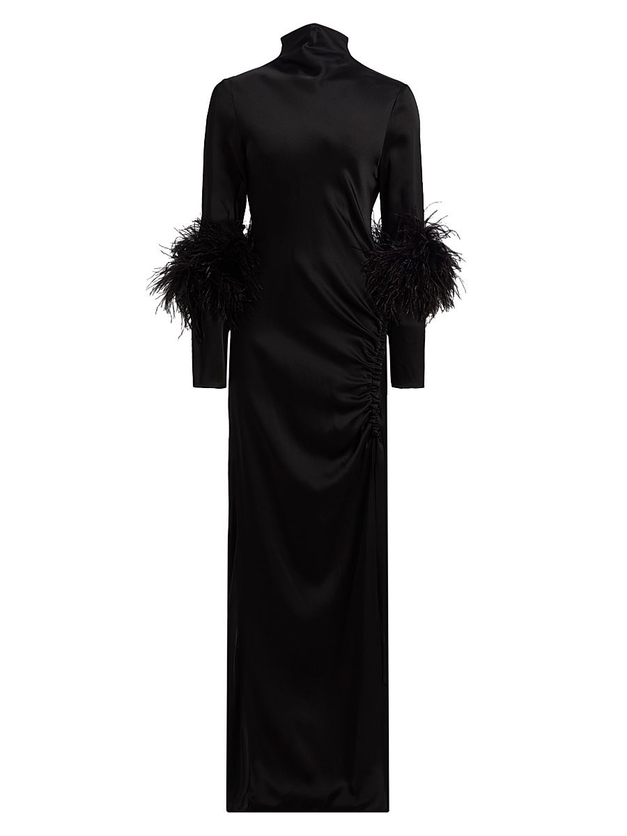 Women's Feather-Trim Satin Gown - Black - Size 14