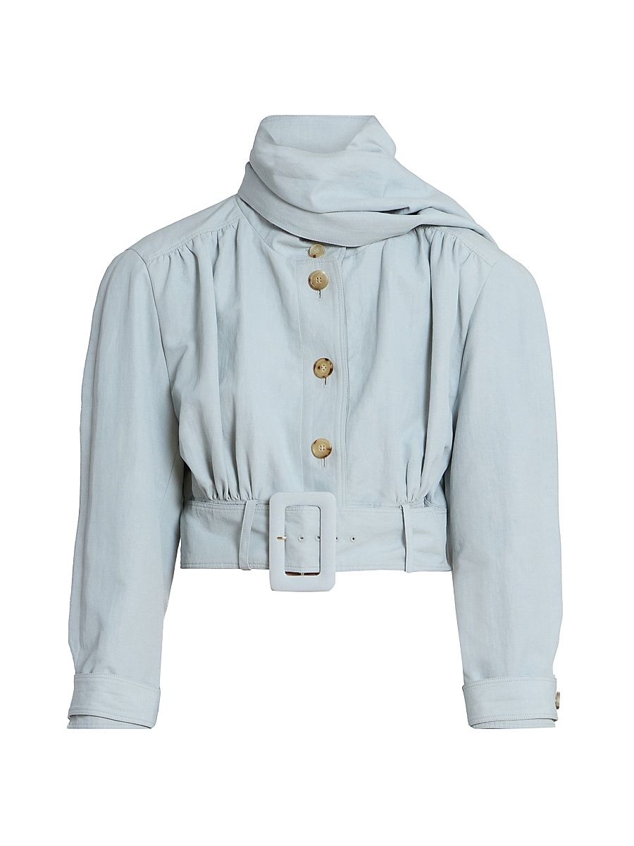 Women's Belted Linen-Cotton Crop Jacket - Storm Grey - Size 8