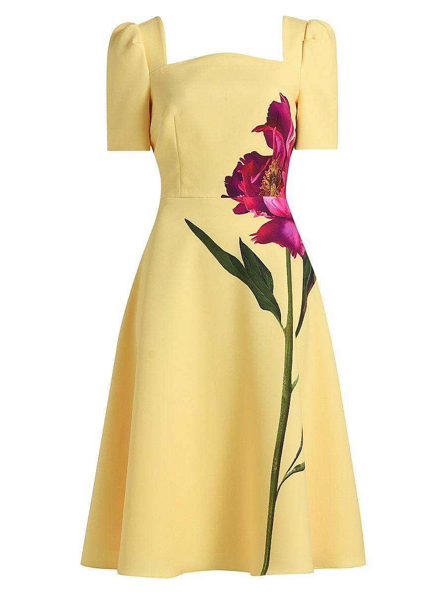 Women's Flower Scuba A-Line Midi-Dress - Yellow Multi - Size 4