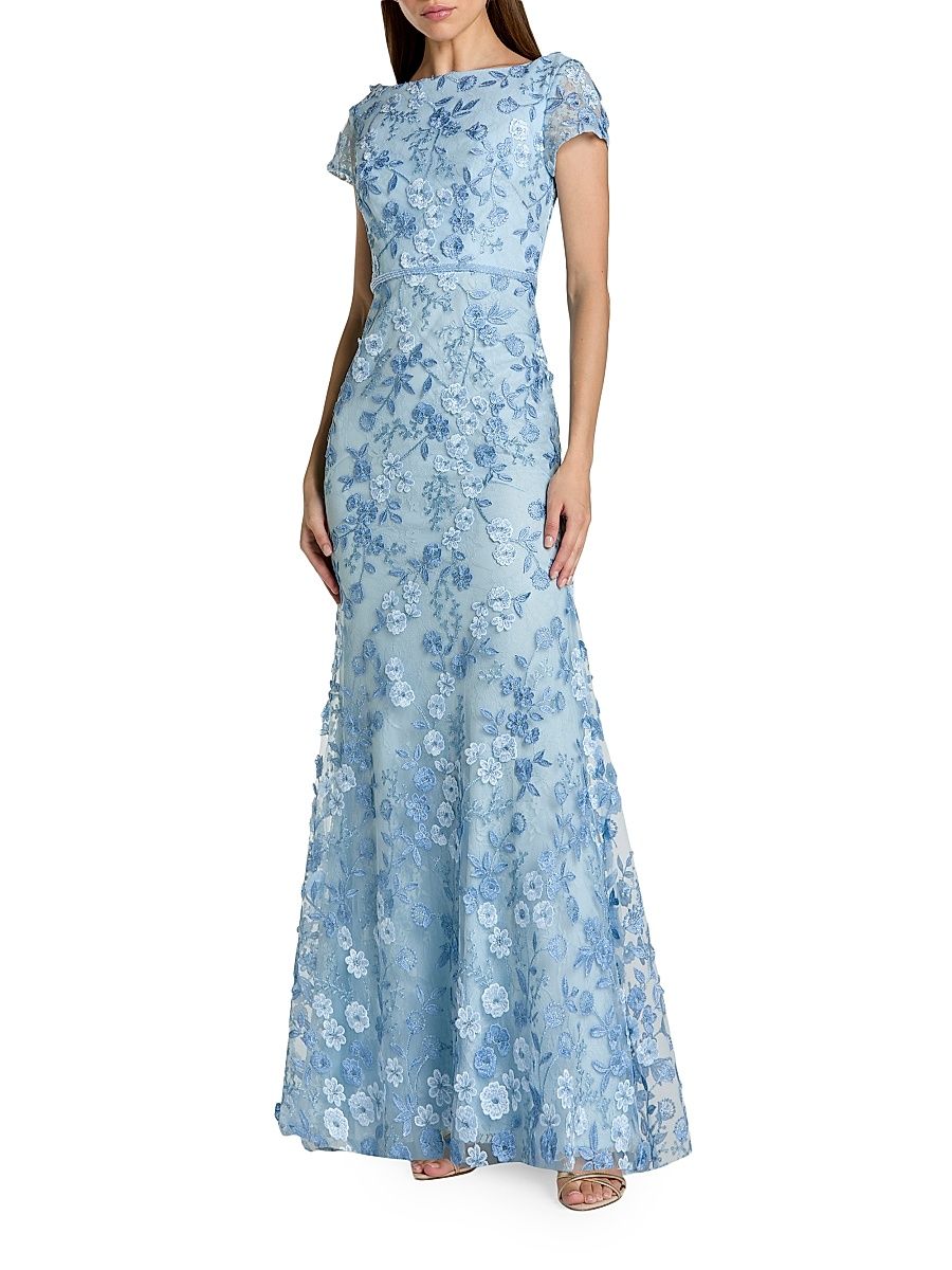 Women's Floral-Appliquéd Trumpet Gown - Powder Blue - Size 14