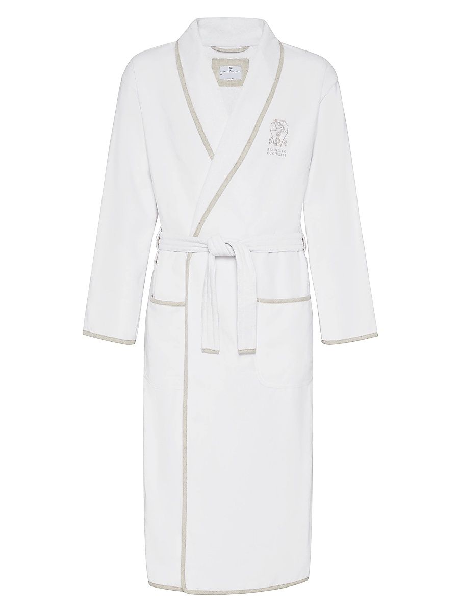 Women's Cotton Terrycloth Bathrobe with Linen Trims - White - Size XXL