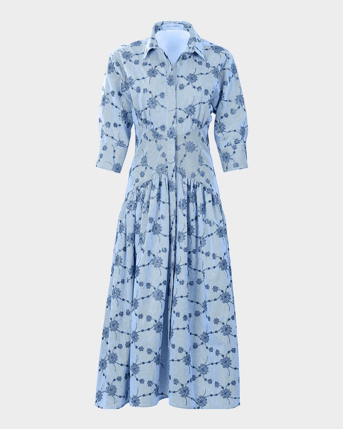 Indy Floral Striped Fit-&-Flare Midi Shirtdress