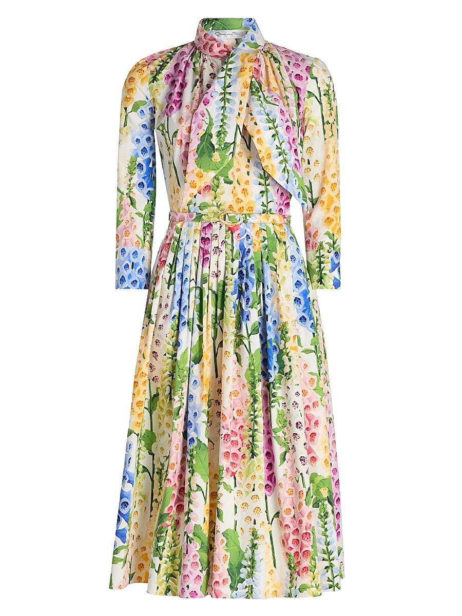 Women's Tie-Neck Foxgloves Long-Sleeve Midi-Dress - White Multi - Size 10