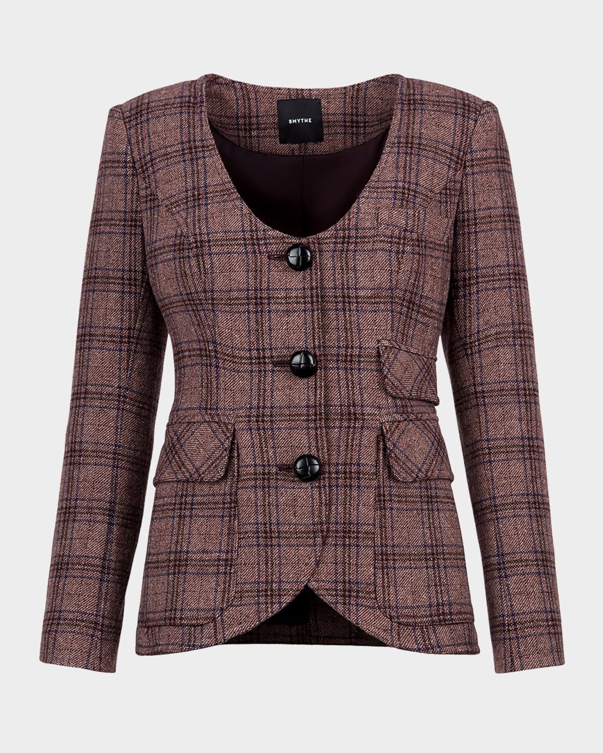 Plaid Tweed Portrait Neck Blazer
