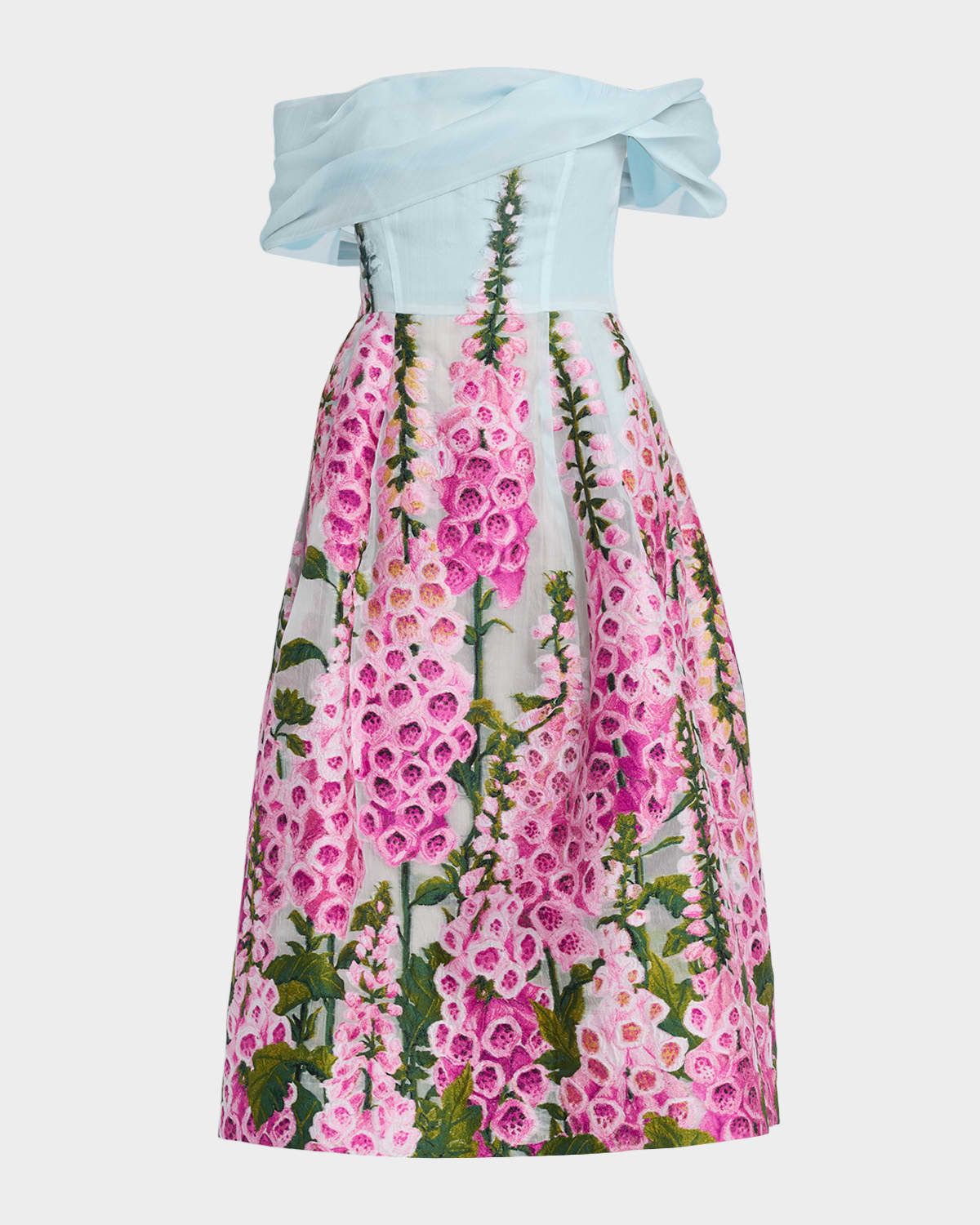 Foxglove Ombre Organza Off-The-Shoulder Tea-Length Dress