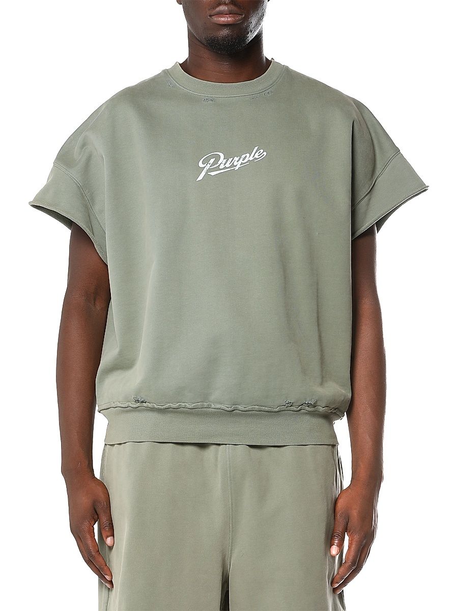 Men's Logo Distressed Fleece Cutoff-Sleeve Sweater - Green - Size XXL
