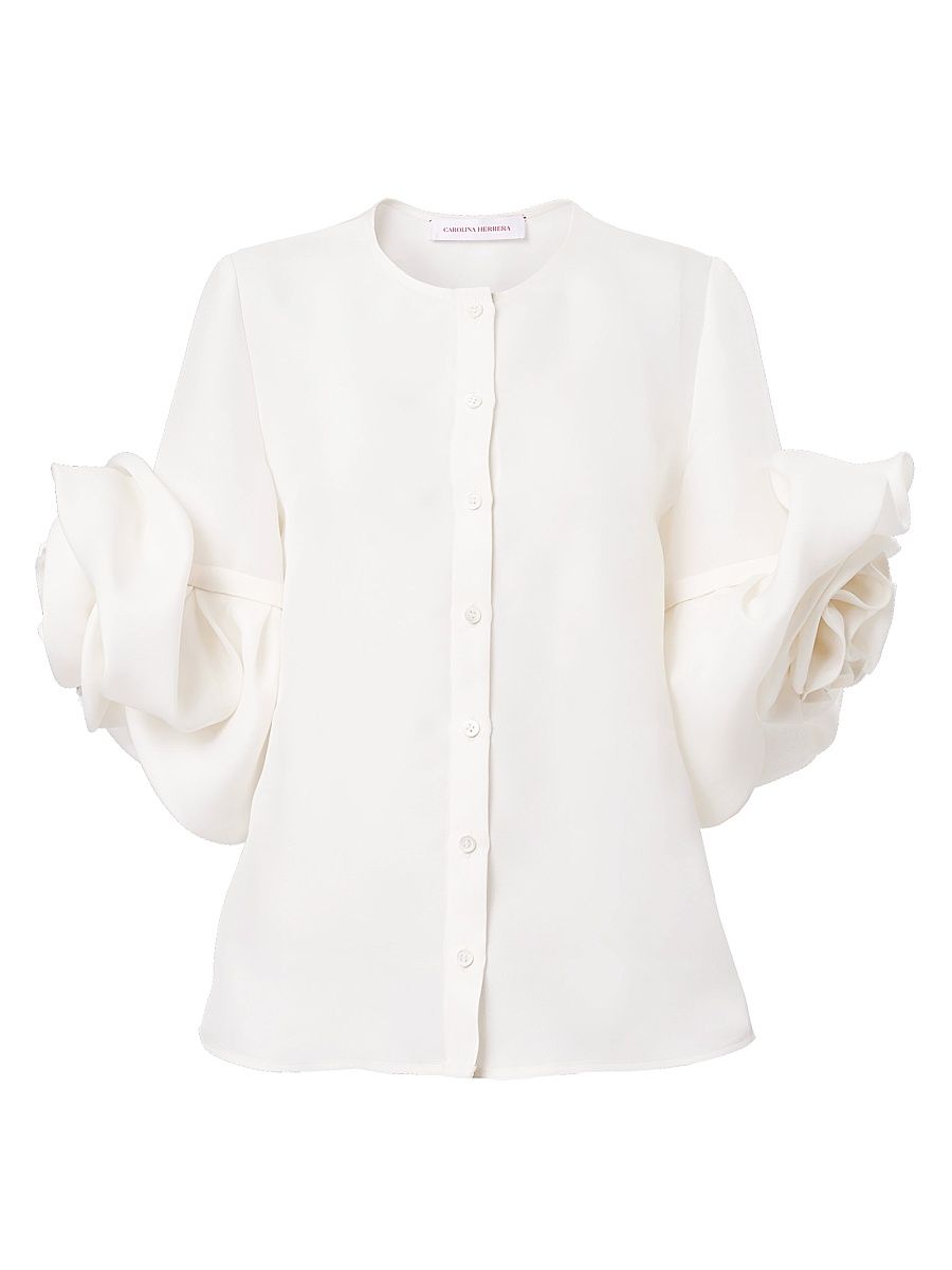 Women's Silk Gazar Rosette-Sleeve Button-Front Blouse - White - Size 6