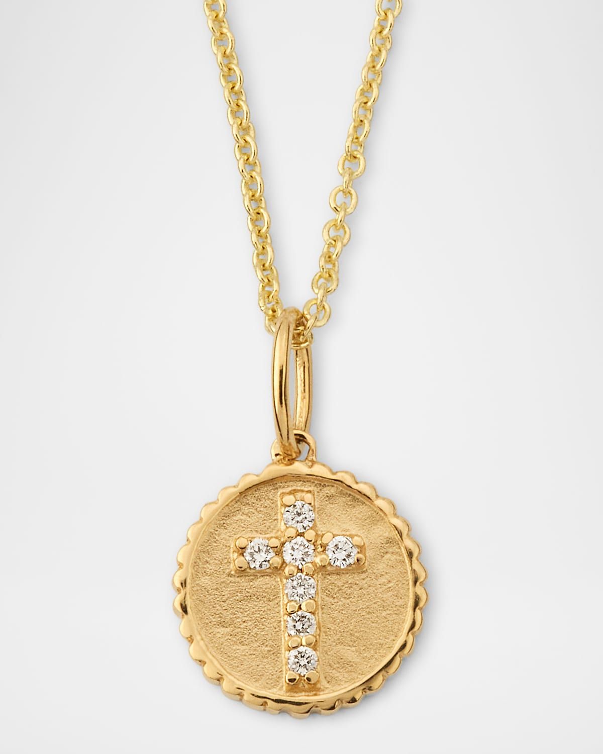 14K Yellow Gold Tiny Gold Cross Coin Charm Necklace with Diamonds