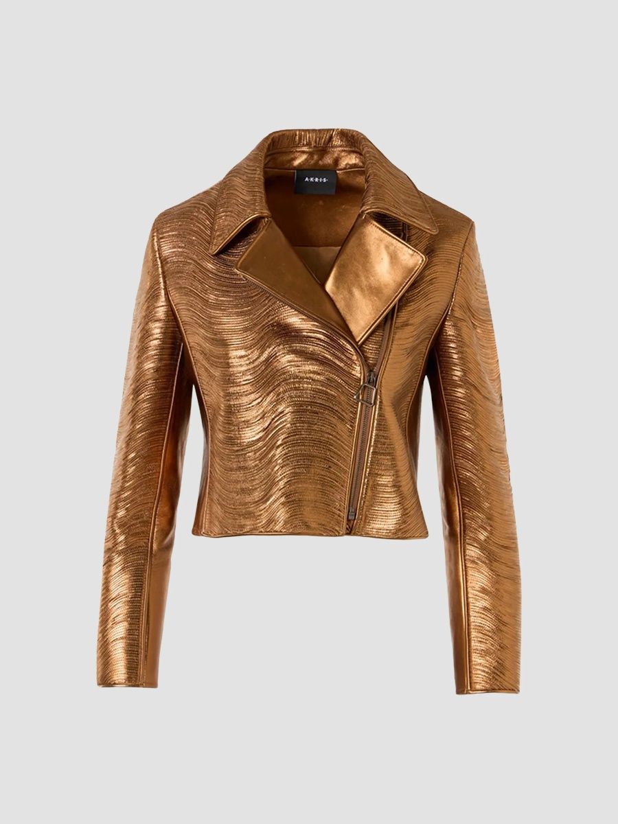 Akris Women's Clary Lamé Leather Biker Jacket - Gold - Size 16