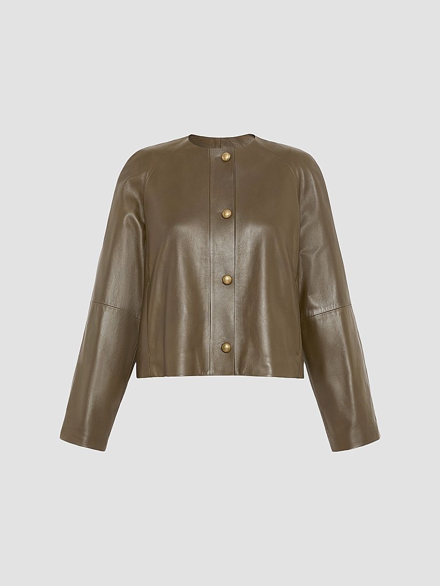 Women's Nappa Leather Crew Neck Jacket - Kaki - Size 4