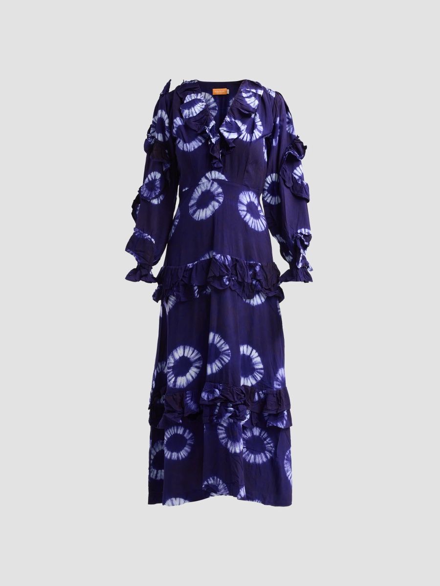 Elisamama Women's Folu Printed Cotton Ruffle Midi Dress - Midnight Blue - Size XL
