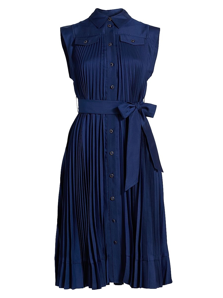Women's Johanna Pleated Twill Midi-Dress - Navy - Size 12